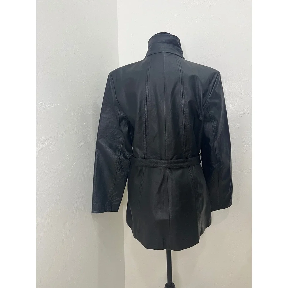Worthington Leather Jacket Women Medium Black Good Belted Nappa Zip‎ Coat